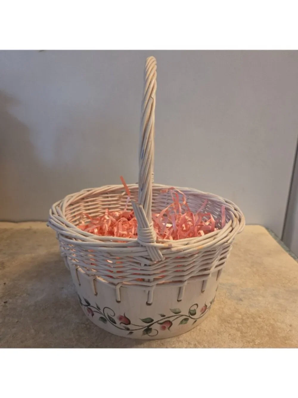 White Basket Painted with Pink Rose Buds Spring Decor
